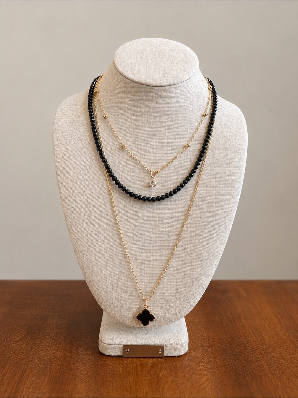 Gold Toned Layered Set short chain w rhinestone, beaded and clover necklaces